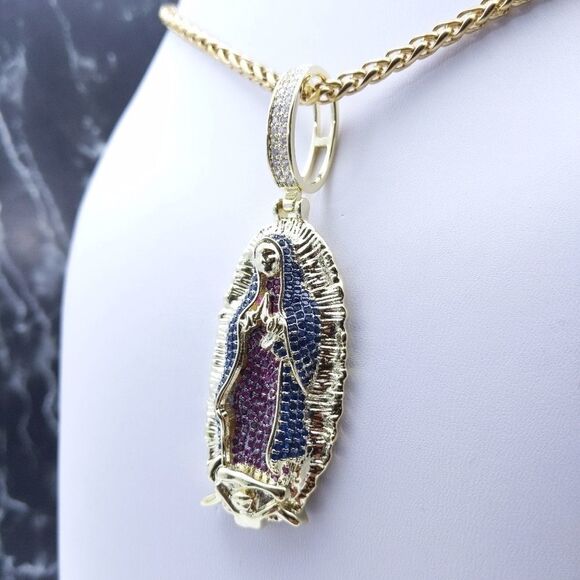 24"Franco Chain + 14K Gold Finish Holy Mary - Picture 6 of 12